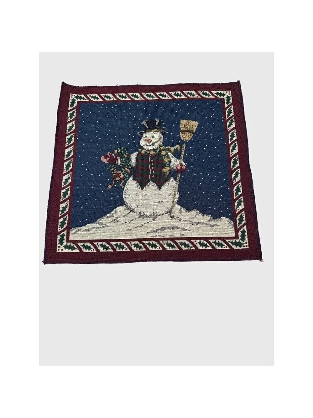 Vintage Snowman Tapestry Pillow Panel 18in Holiday Christmas Decor Winter Blue